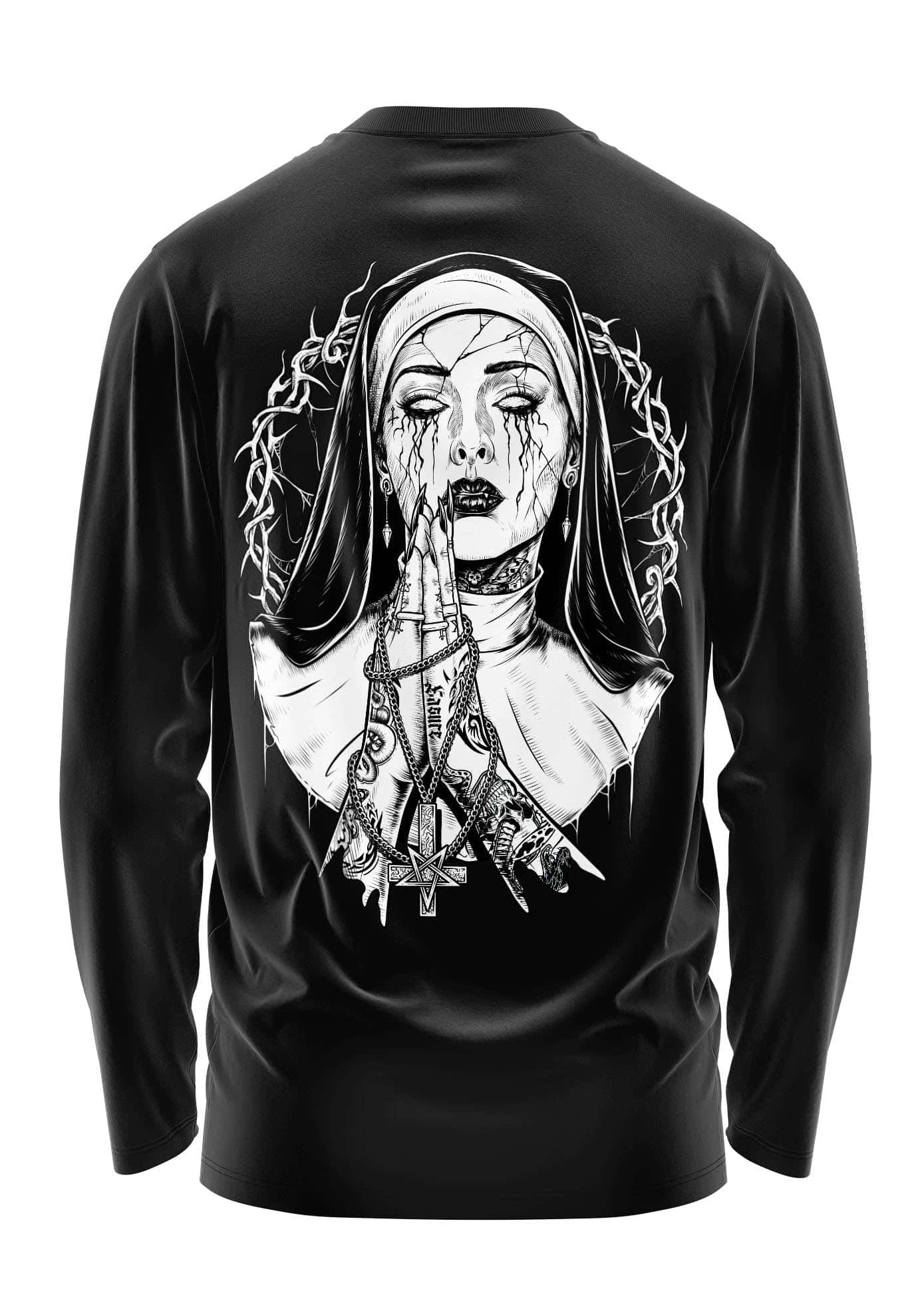 Schweres unisex t-shirt demon nun in schwarz mit detailreichem schwarz-weiß grafiken aus biologischer baumwolle und strapazierfähigem stoff
